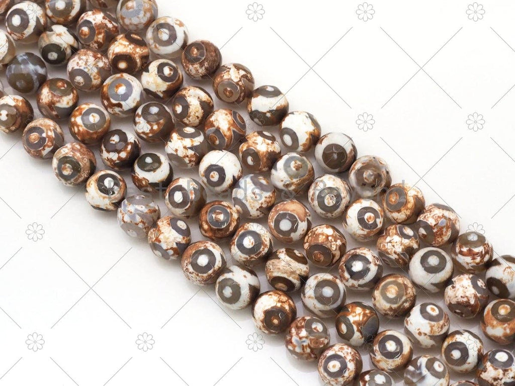 Brown Evil Eye Tibetan Agate 10mm Round Smooth Beads, Sku#U1192