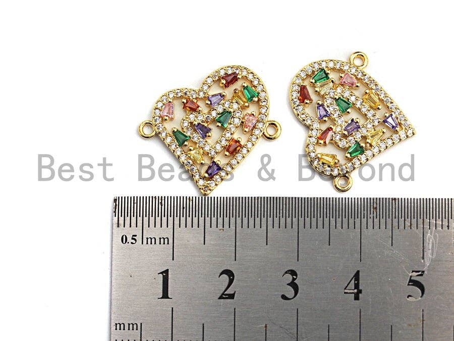 Colorful Baguette CZ Micro Pave Heart Shape Connector/Link, Cz Pave Bracelet Necklace Connector in Gold Finish,21x23mm,sku#M242