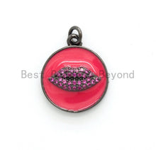 Load image into Gallery viewer, NEW Colorful Oil Dropped Round Charm with  Fuchsia Lip, Enamel Gunmetal Pendant Charms, Enamel Oil Drop CZ Charm, Lip Charm,17x20mm,sku#F563