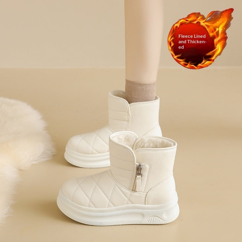 Women's Fleece-Lined Snow Boots | Warm Winter Boots with Side Zipper | Khaki Beige Black