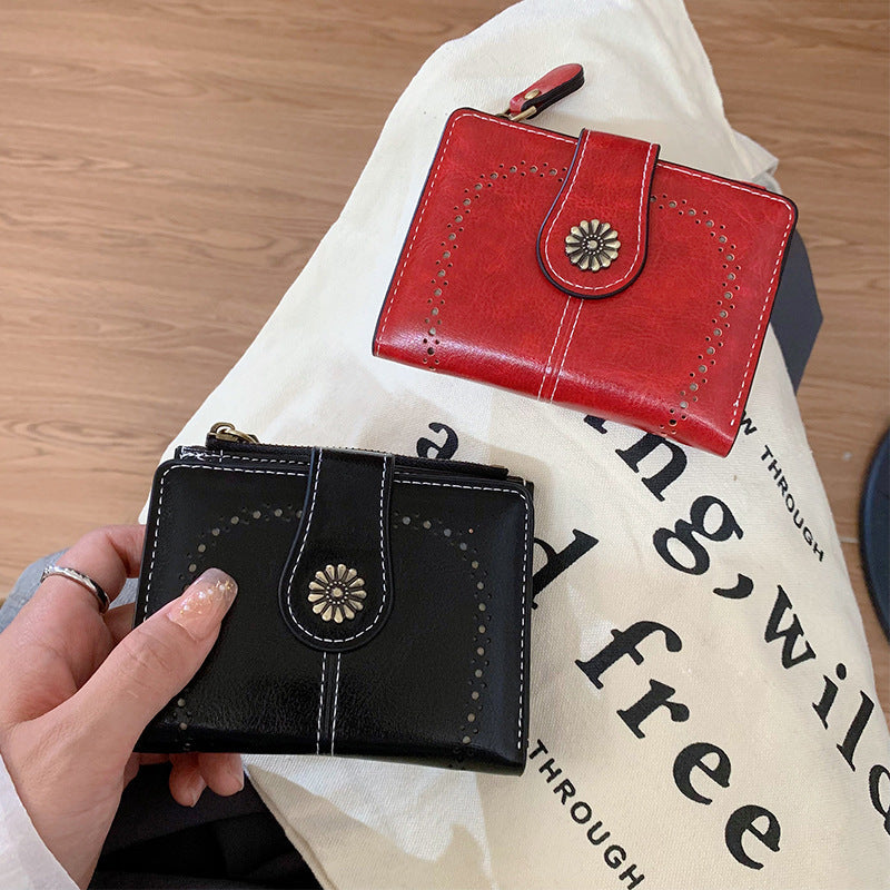 Women's Vintage Oil Leather Wallet - Floral Embossed Short Bifold with RFID Protection