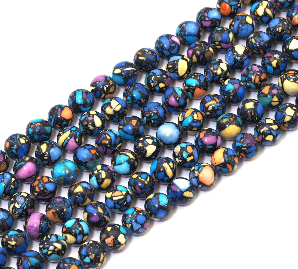 Blue Orange Yellow Black Imperial Jasper Round Smooth Beads, 10mm, Sku#U1491