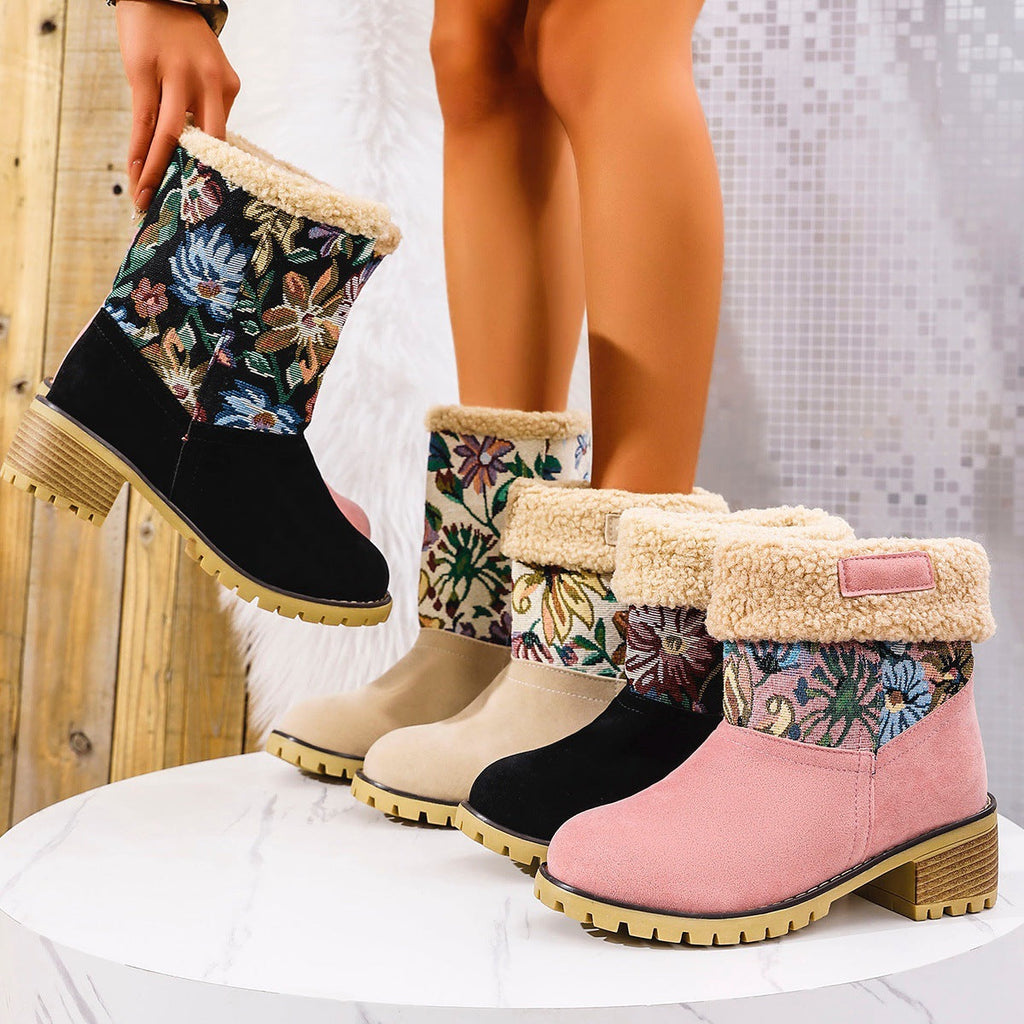 Women's Embroidered Snow Boots | Ethnic Floral Platform Square Heel Mid-Calf Winter Boots