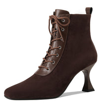 Load image into Gallery viewer, Retro Square-Toe Short Boots Women's Stiletto Heel PU Leather – Brown &amp; Apricot