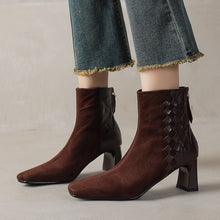 Load image into Gallery viewer, Women's Square Toe Chunky Heel Ankle Boots – Sheepskin Leather Patchwork