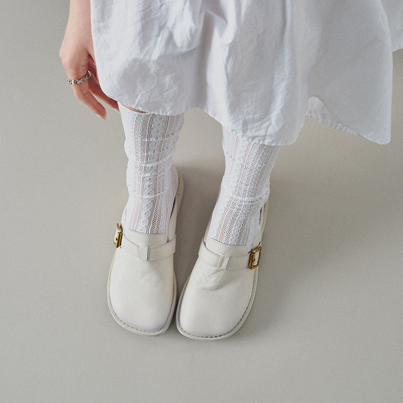 Women's Full Grain Leather Buckle Mules | Retro Low Block Heel Backless Shoes
