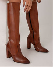 Load image into Gallery viewer, Women's Thigh High Boots – Pointed Toe Chunky Heel Side Zip | Brown &amp; Black | Sizes 34–43