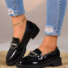 Load image into Gallery viewer, Women's Chain Embellished Round Toe Loafers – Mid Heel, PU Leather, Slip-On