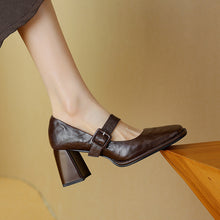Load image into Gallery viewer, Women's Sheepskin Mary Jane Heels – Chunky Heel Buckle Strap Square Toe Shoes