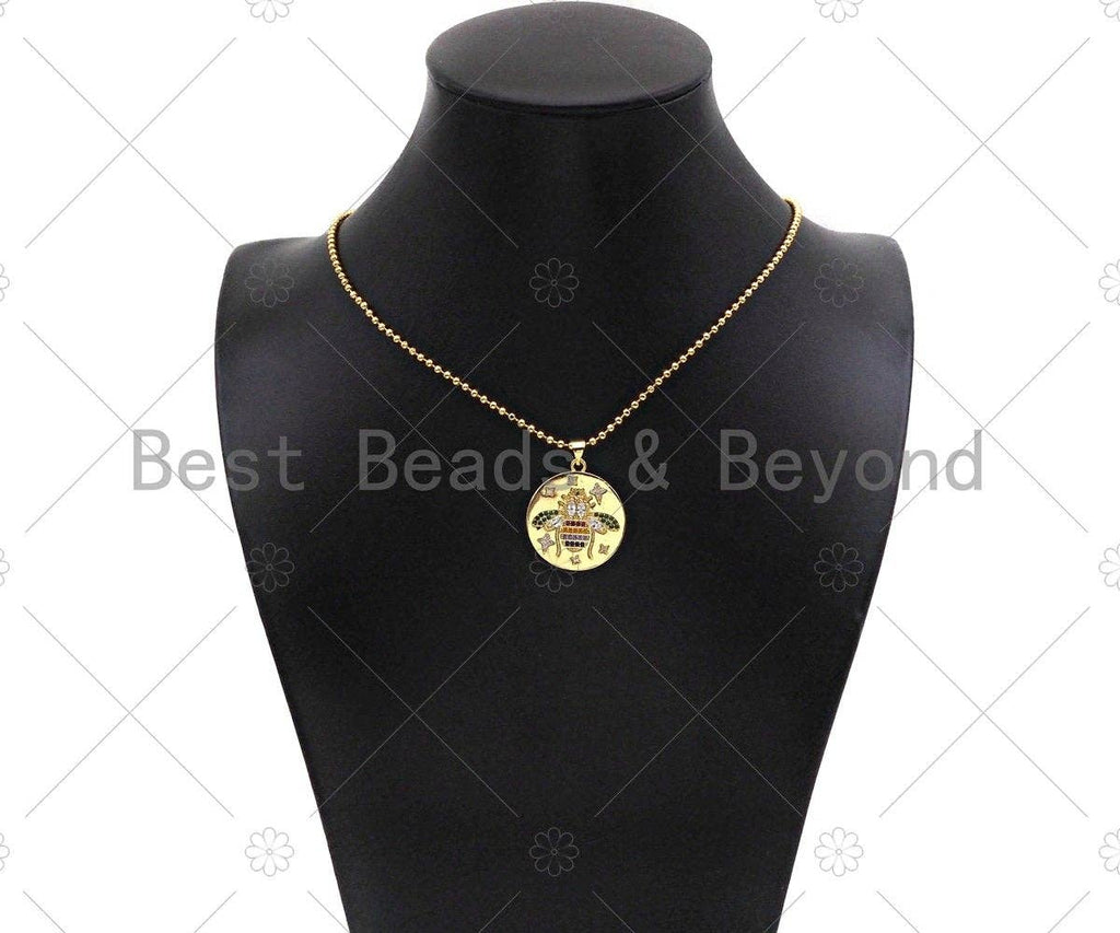 Colorful CZ Micro Pave Bee/Elephant/Butterfly On Round Coin Pendant,18K Dainty Gold Medallion Charm,Necklace Bracelet Charm,24x27mm,Sku#JL31