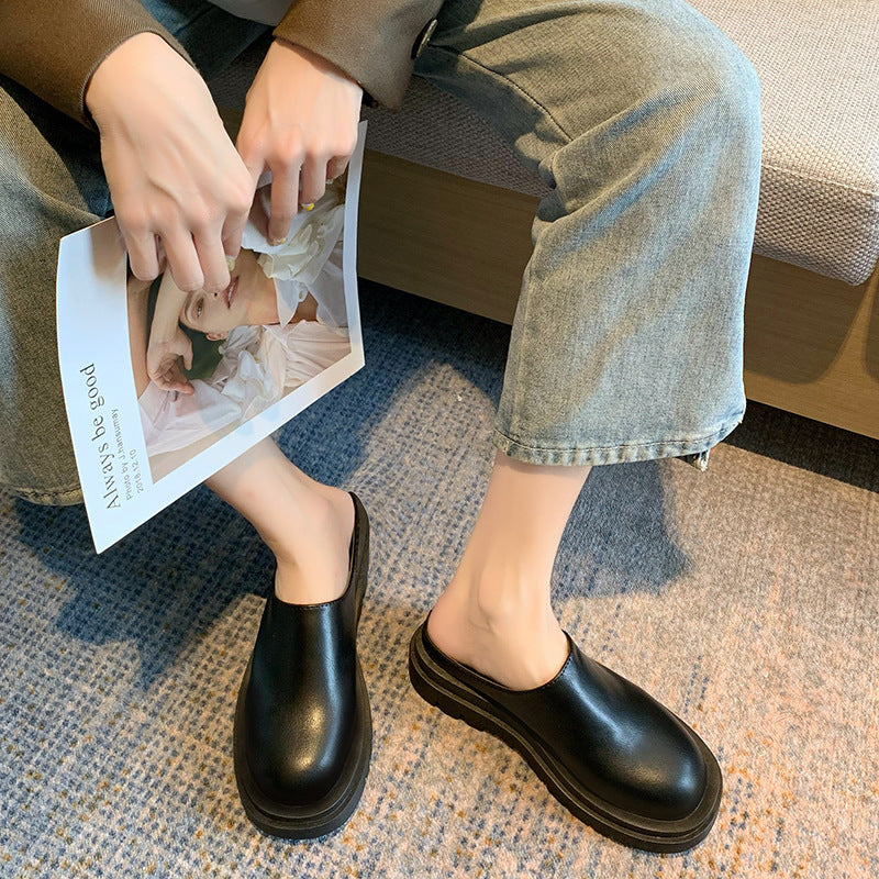 Women's Chunky-Soled Closed-Toe Mules | Round Toe Slip-On Casual Shoes | Beige & Black