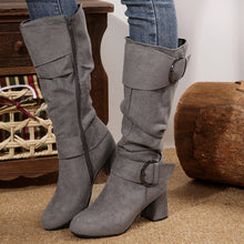 Load image into Gallery viewer, Women's Belt Buckle Chunky Heel Mid-Calf Boots | Suede Pointed Toe Fall Winter