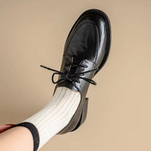 Load image into Gallery viewer, Women's Round Toe Chunky Heel Leather Loafers | Cowhide Upper Buckle Shoes