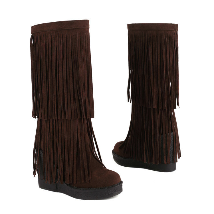 Women's Tassel Wedge Boots | High-Heel Thick-Soled Retro Fashion Boots | Black Brown Yellow