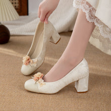 Load image into Gallery viewer, Women's Floral Block Heel Pumps | Square Toe Jacquard Dress Shoes