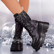 Load image into Gallery viewer, Women's Wedge-Heel Spiderweb Mid-Calf Boots | Plus Size | PU Leather | Side Zipper