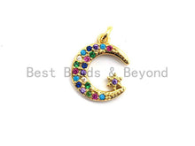 Load image into Gallery viewer, CZ Colorful Micro Pave Moon With Star Pendant, Moon Star Shaped Pave Pendant, Gold plated, 12x14mm, Sku#F756
