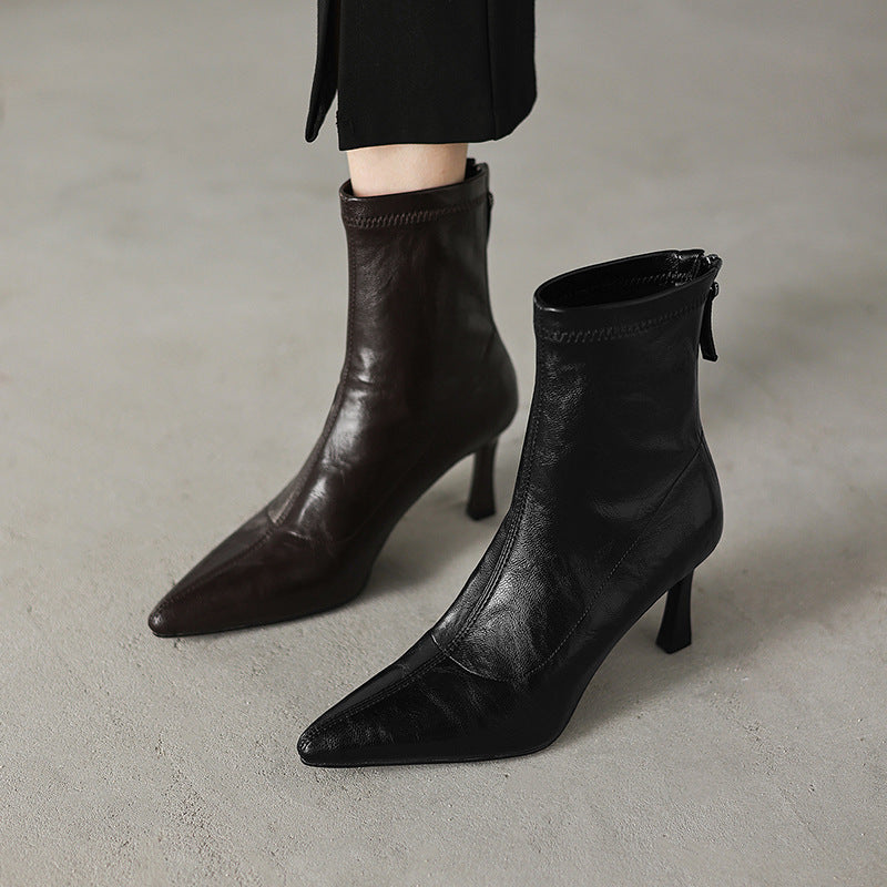 Women's Chunky Heel Ankle Boots – Pointed Toe Back Zipper | Black & Brown