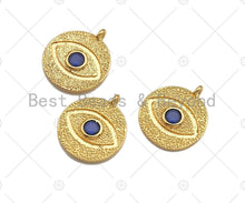 Load image into Gallery viewer, Cobalt  CZ Micro Pave Round Evil Eye on Disc Pendant/Charm, Lucky eye Cubic Zirconia Pendant, 24K Gold Tone,16x18mm,Sku#L305