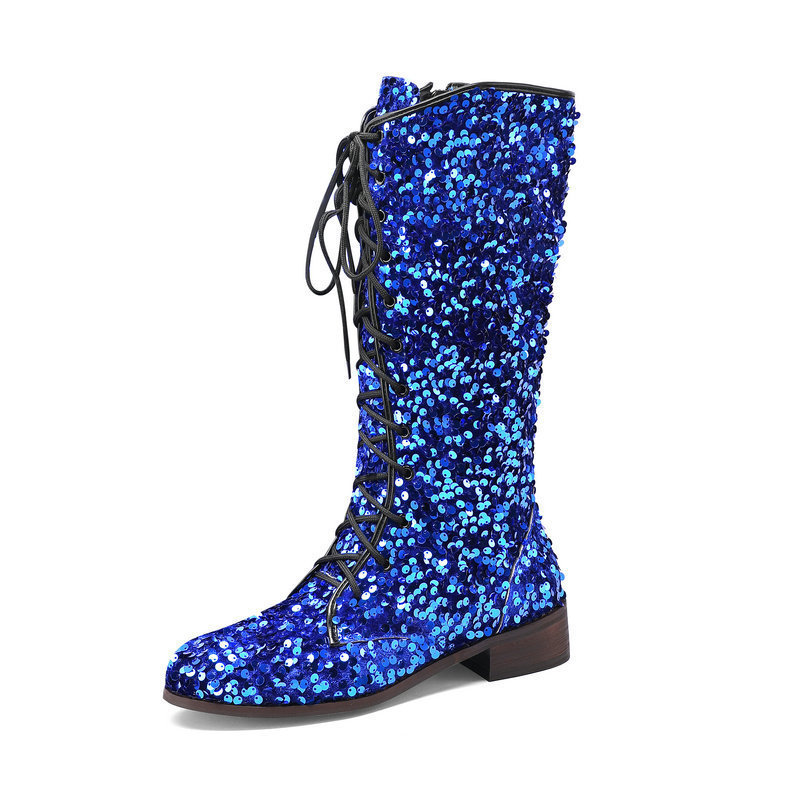 Women's Glitter Sequin Over-the-Knee Boots | Chunky Mid Heel, Lace-Up, Round Toe
