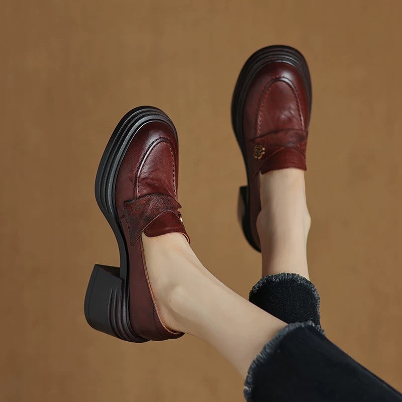 Vintage Chunky-Heeled Leather Shoes for Women - Round Toe Slip-On Dress Shoes