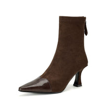 Load image into Gallery viewer, Women's Retro Pointed-Toe Patchwork Slim Mid-Calf Boots | Sheepskin Upper | Black &amp; Brown