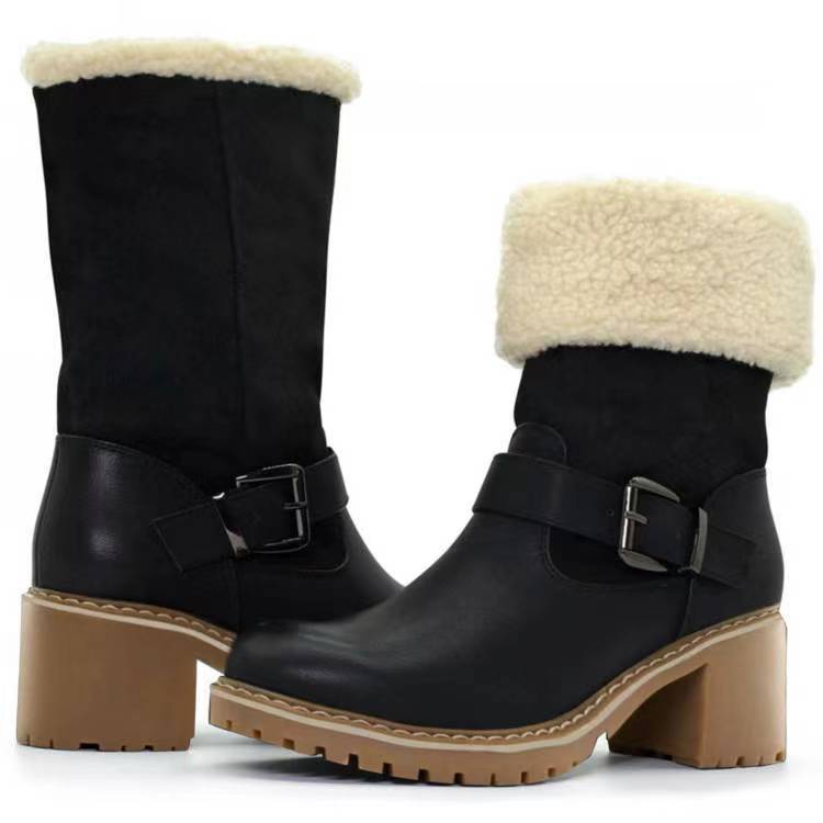 Women's Buckle Chunky Heel Western Boots | Warm Winter Round-Toe Mid Boots