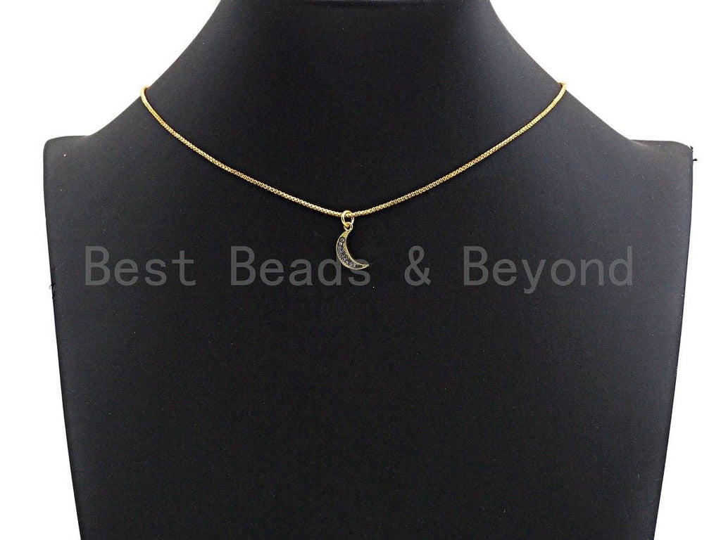 Clear Black CZ Micro Pave Crescent Moon Pendant, Cubic Zirconia Pendant, 24K Gold Tone, 7x14mm, Sku#Z489