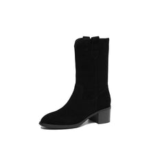 Load image into Gallery viewer, Women's Genuine Cowhide Leather Chunky Heel Mid-Calf Boots | Square Toe Side Zipper | Matte Embossed Finish