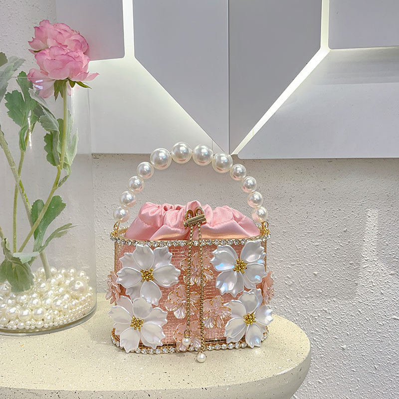 Retro Sunflower Birdcage Handmade Bucket Bag - Diamond Embellished PVC Shoulder Bag