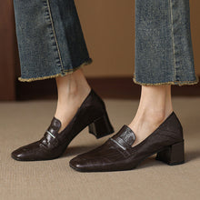 Load image into Gallery viewer, Women's Square-Toe Chunky Heel Sheepskin Leather Pumps - Mid Heel Slip-On Dress Shoes