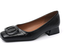 Load image into Gallery viewer, Womens Retro Square-Toe Sheepskin Leather Chunky Heel Pumps | Low Heel Slip-On Dress Shoes