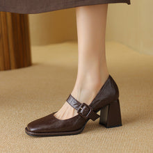 Load image into Gallery viewer, Women's Sheepskin Mary Jane Heels – Chunky Heel Buckle Strap Square Toe Shoes