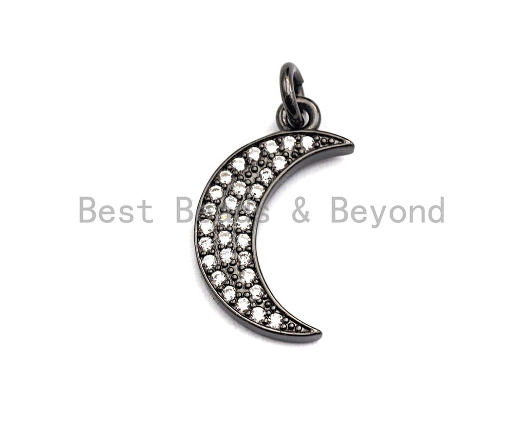 CZ Micro Pave Crescent Moon Pendant, Cubic Zirconia Pendant, Silver/Gold/Rose Gold/Black Tone, 11x19mm, Sku#X108