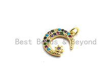 Load image into Gallery viewer, CZ Colorful Micro Pave Moon With Star Pendant, Moon Star Shaped Pave Pendant, Gold plated, 12x14mm, Sku#F756