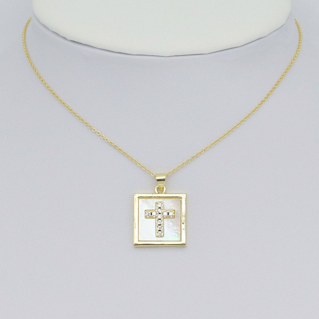 Gold Clear CZ Cross On Square Mother of Pearl Charm Pendant, Sku#LK994