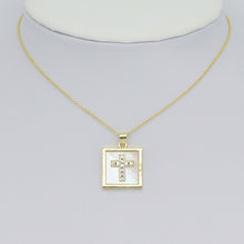 Load image into Gallery viewer, Gold Clear CZ Cross On Square Mother of Pearl Charm Pendant, Sku#LK994