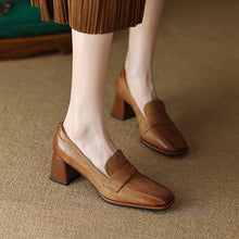 Load image into Gallery viewer, Women's Square Toe Chunky Heel Shoes – Sheepskin Upper, Retro Dress Heels in Blue &amp; Apricot