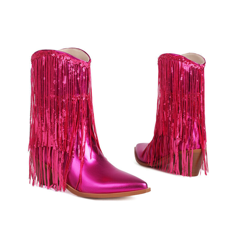 Women's Sequin Tassel Ankle Boots – Pointed Toe Chunky Heel Slip-On Party Boots
