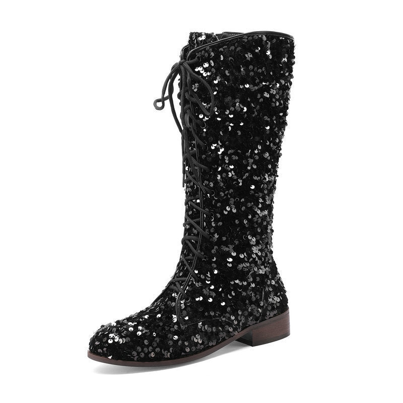 Women's Glitter Sequin Over-the-Knee Boots | Chunky Mid Heel, Lace-Up, Round Toe