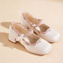 Load image into Gallery viewer, Women's Oriental Jacquard Satin Mary Jane Heels | Embroidered Lace Pearl Square Toe