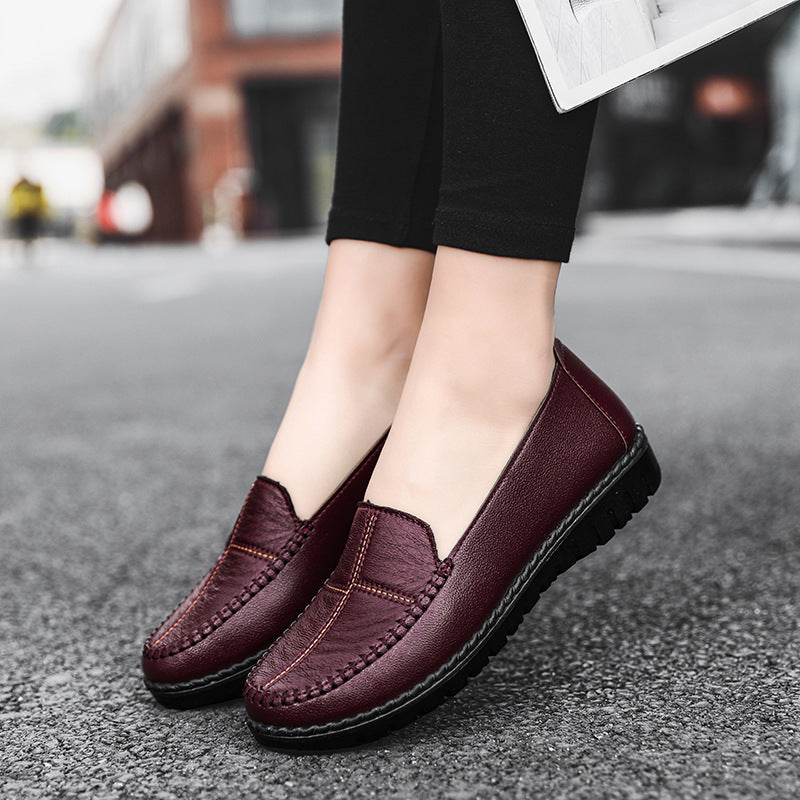 Women's Slip-On Leather Flats - Comfortable Round Toe Wedge Heel Casual Shoes