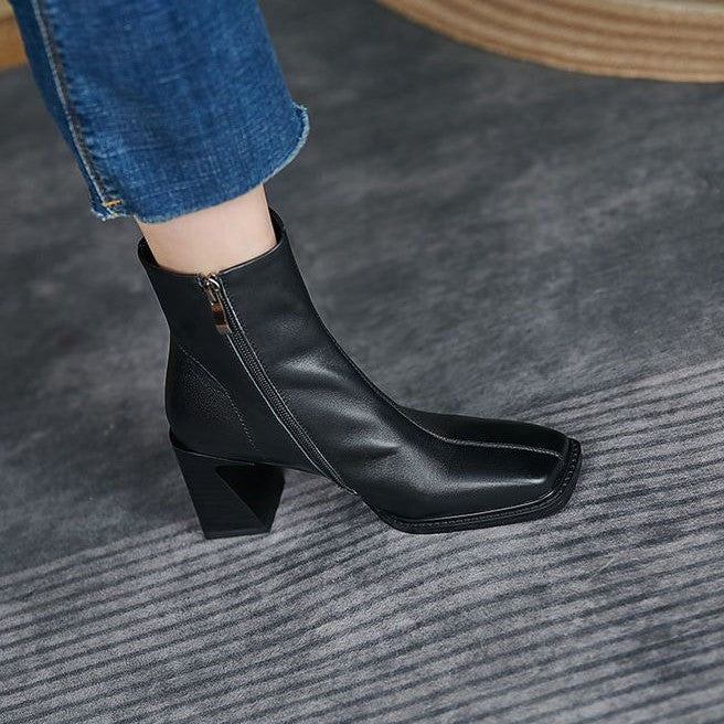 Women's Square Toe Chunky Heel Short Boots | Side Zipper PU Leather Fashion Boots