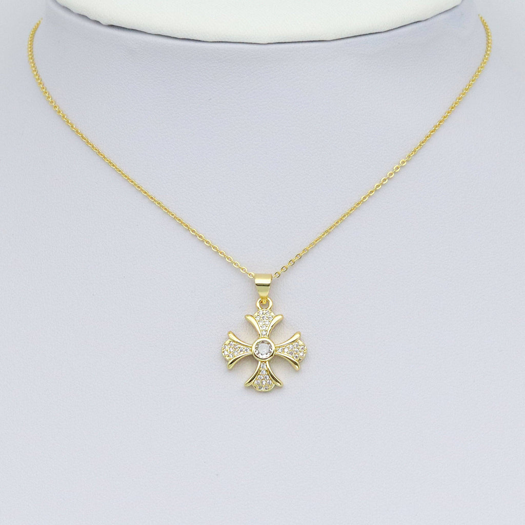 Gold Clear CZ Cross Flower Charm Pendant, Sku#LK986