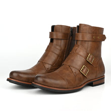 Load image into Gallery viewer, Men's Vintage Denim Boots | Metal Buckle Side-Zip Low Heel – Black &amp; Brown