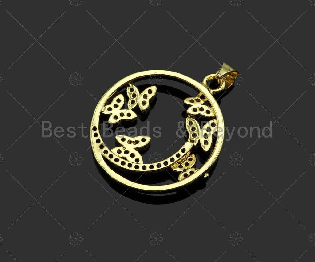 Gold Fillled Colorful CZ Micro Pave Butterfly On Round Ring Shape Pendant, 18K Gold Filled Charm, Necklace Bracelet Pendant,22x26mm,Sku#LD97