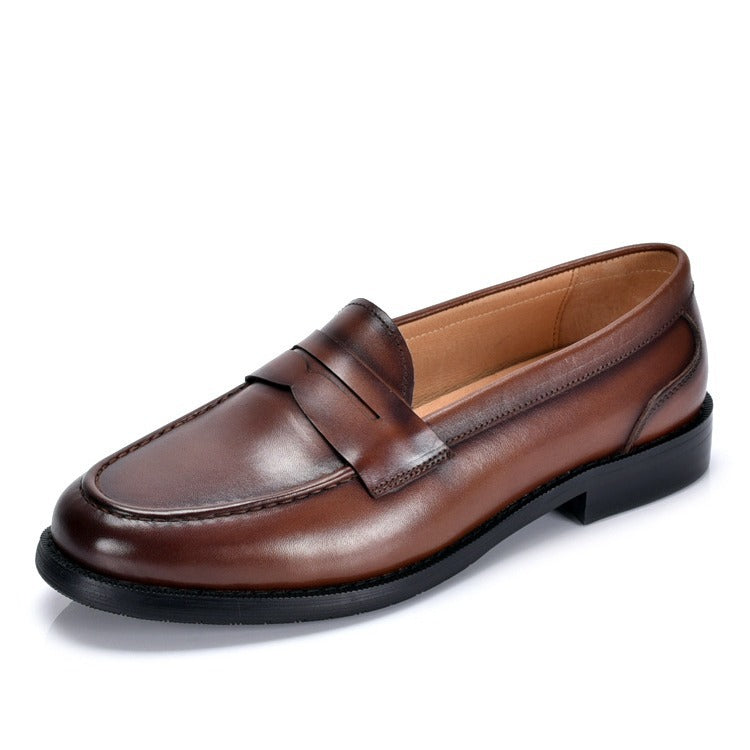 Men's British-Style Vintage Slip-On Loafers – Genuine Cowhide Leather, Round Toe, Low Wedge Heel