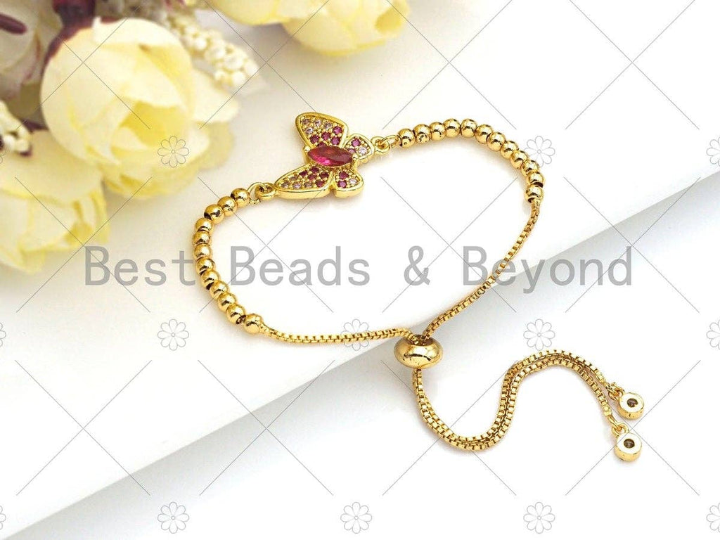 Fuchsia CZ Butterfly Connector, Butterfly Bracelet Link, Butterfly Pendant, Cubic Zirconia Pendant, Gold Tone, 16x18mm, Sku#LK86