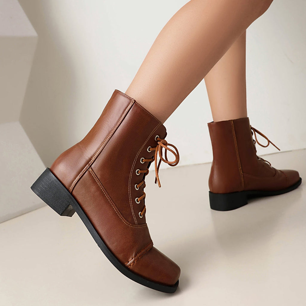 Women's Lace-Up Square-Toe Motorcycle Boots | Low Heel Outdoor Ankle Boots