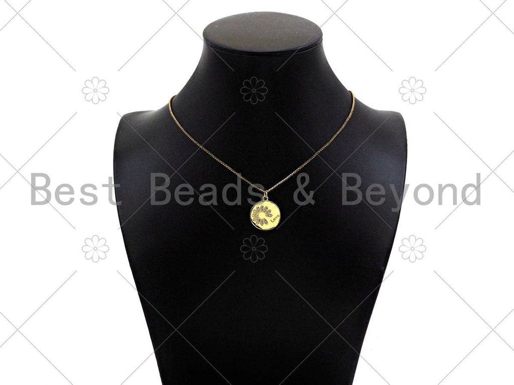 Gold Filled CZ Micro Pave Daisy Flower On Coin Shape Pendant,18K Gold Filled Lover Word Charm, Necklace Bracelet Charm,18x20mm,Sku#LK339